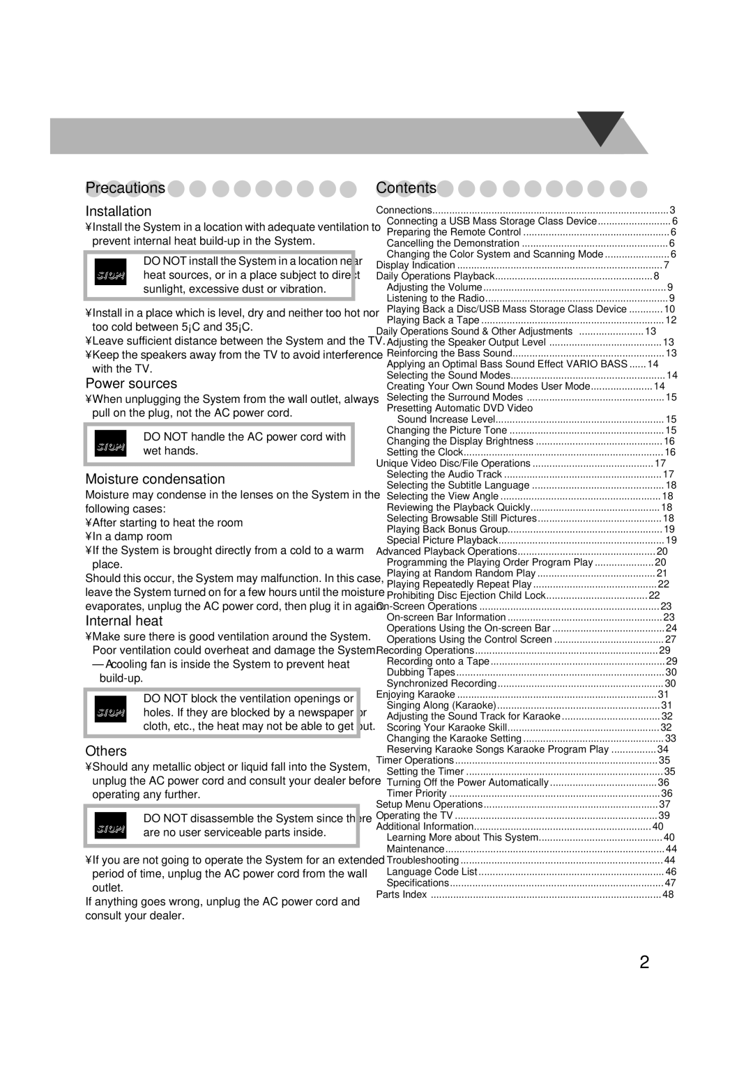 JVC CA-DXJ35 manual Precautions, Contents 