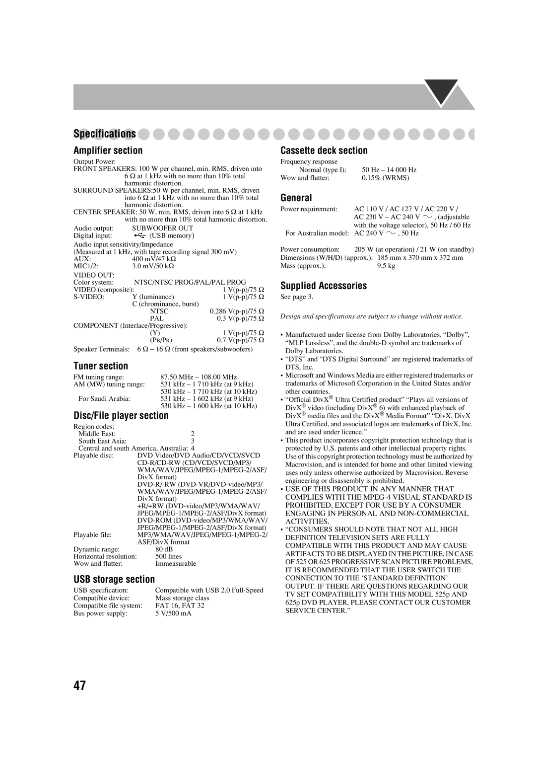 JVC CA-DXJ35 manual Specifications, Amplifier section, Cassette deck section 