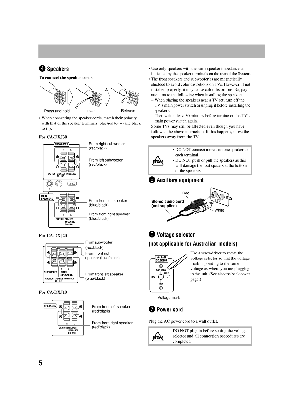 JVC CA-DXJ35 manual ¤ Voltage selector Not applicable for Australian models, For CA-DXJ30, For CA-DXJ20, For CA-DXJ10 