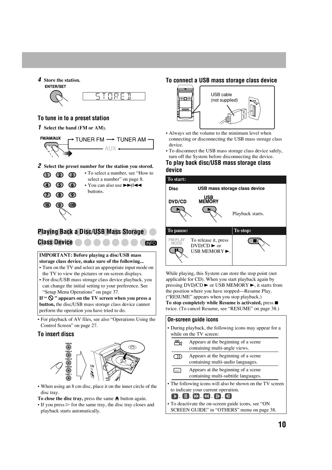 JVC CA-DXJ35 manual To connect a USB mass storage class device, Store the station 