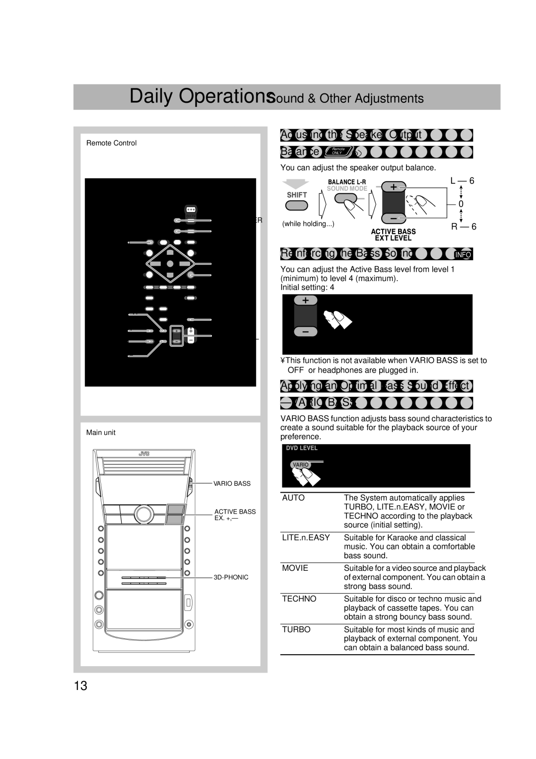 JVC CA-DXJ35 manual Adjusting the Speaker Output Balance Remote, Reinforcing the Bass Sound 