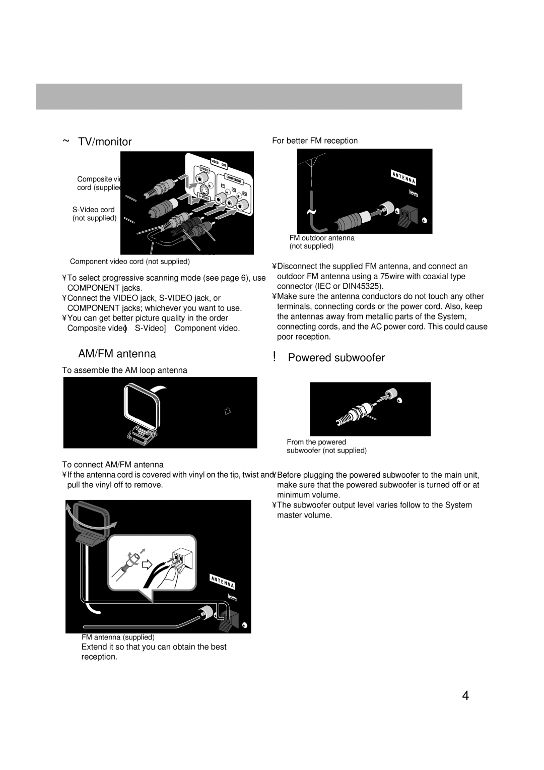 JVC CA-DXJ35 manual ~ TV/monitor, Powered subwoofer, To assemble the AM loop antenna To connect AM/FM antenna 