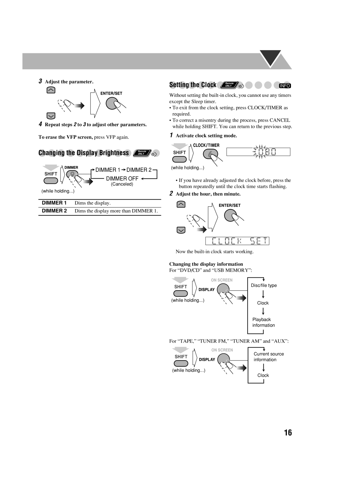 JVC CA-DXJ35 manual Activate clock setting mode, Changing the display information 