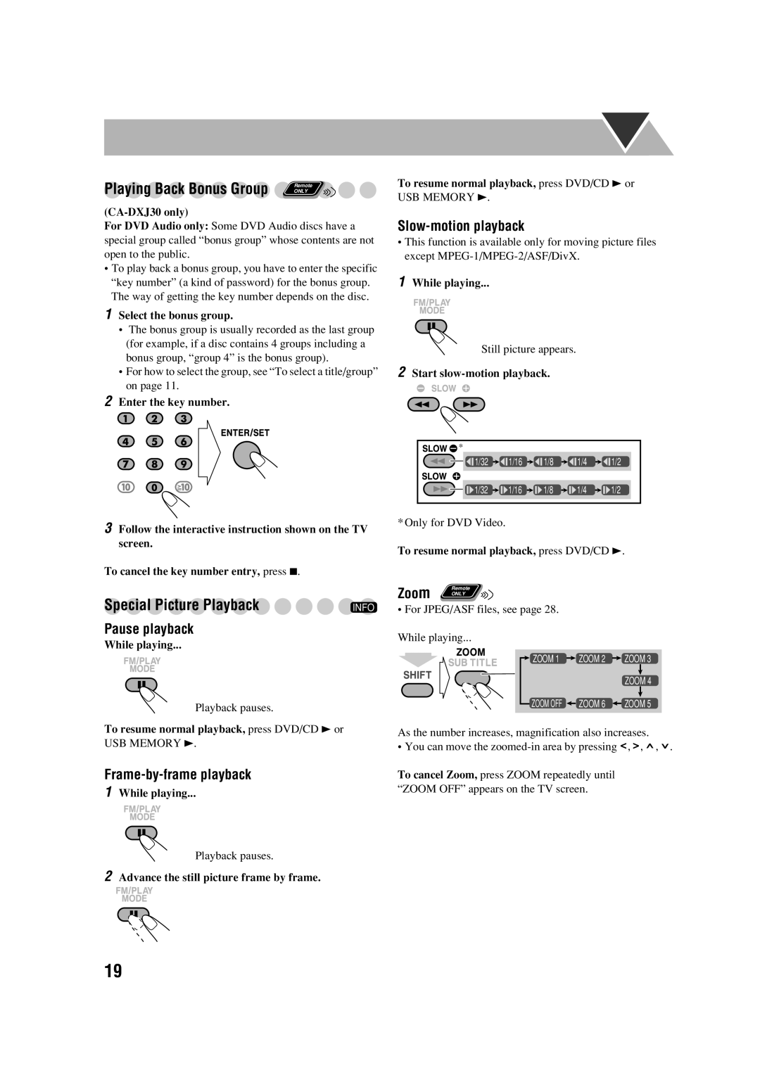 JVC CA-DXJ35 manual Playing Back Bonus Group Remote, Pause playback 