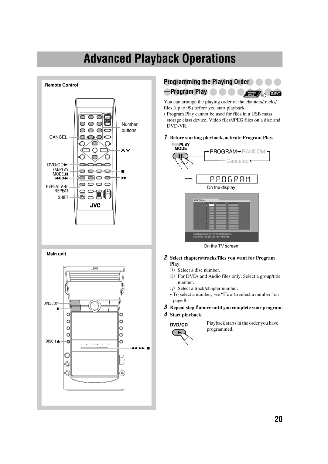 JVC CA-DXJ35 manual Programming the Playing Order, Select chapters/tracks/files you want for Program Play 