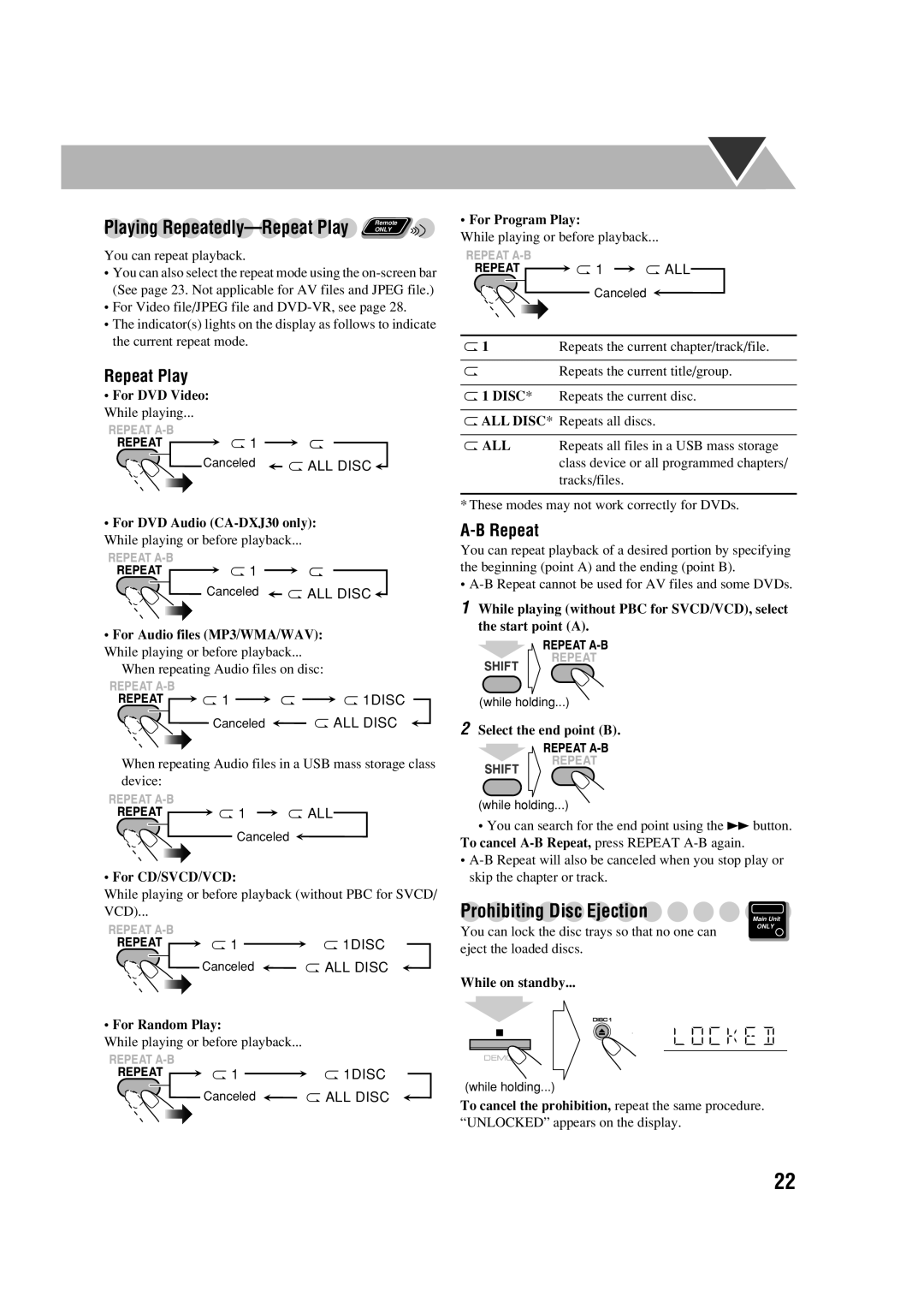 JVC CA-DXJ35 manual Prohibiting Disc Ejection, For DVD Audio CA-DXJ30 only While playing or before playback 