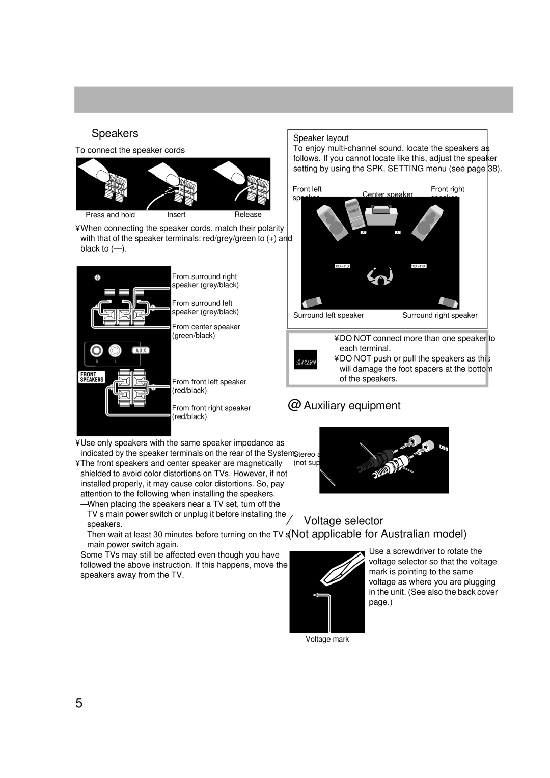 JVC CA-DXJ35 ⁄ Speakers, @ Auxiliary equipment, ¤ Voltage selector Not applicable for Australian model, Speaker layout 