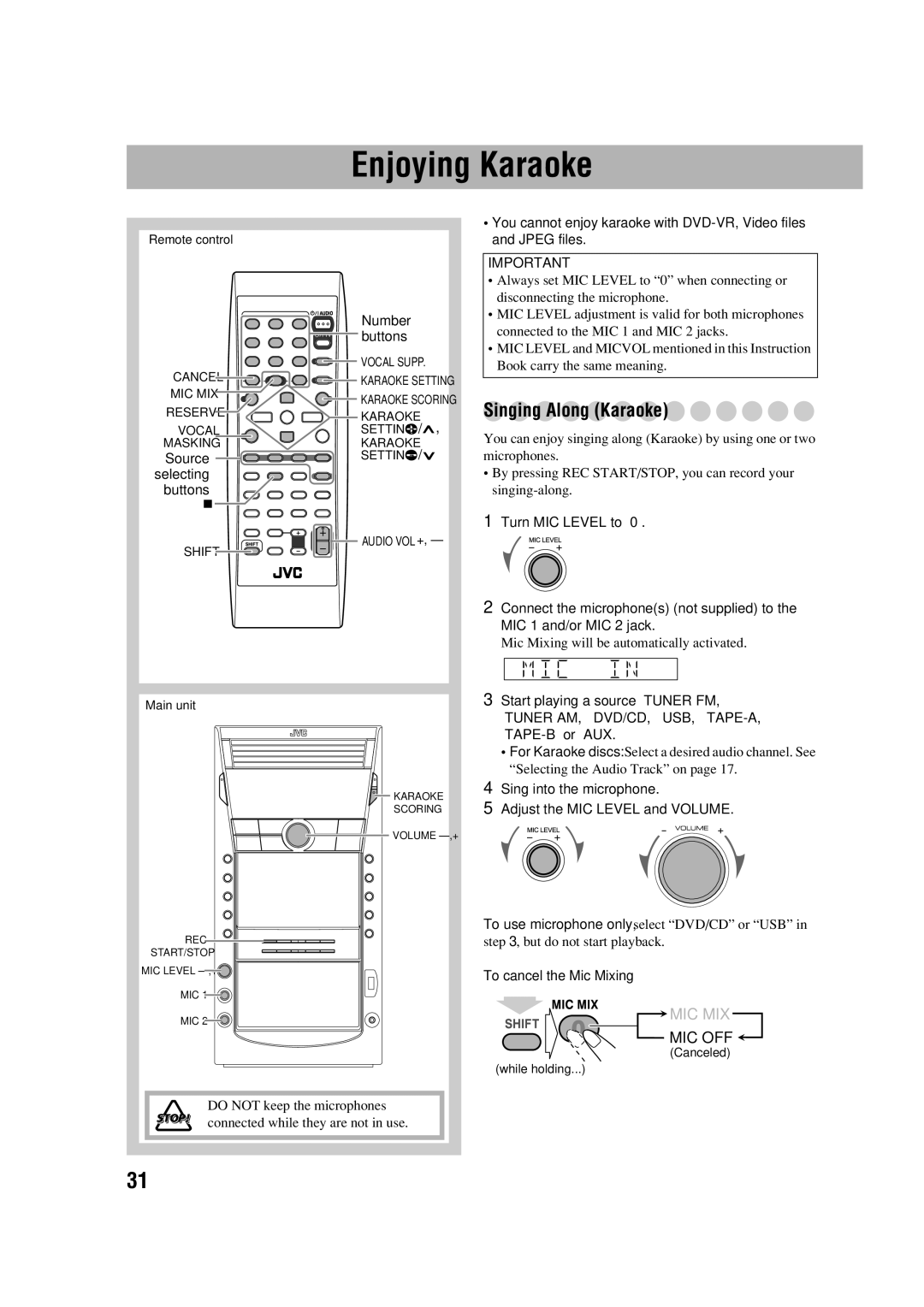 JVC CA-DXJ35 manual Karaoke Scoring Volume -,+ REC START/STOP MIC Level -,+ 