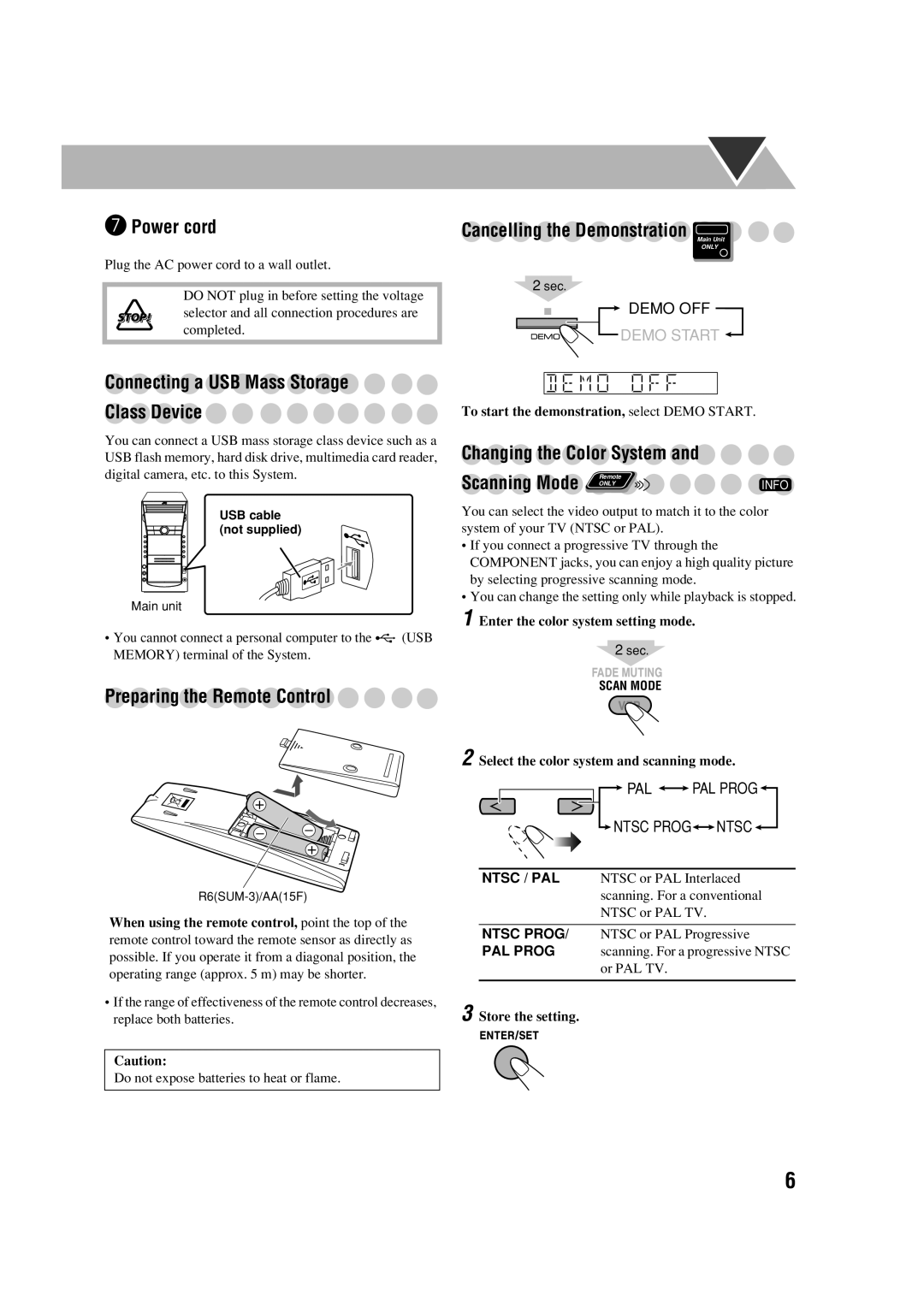 JVC CA-DXJ35 manual # Power cord, Connecting a USB Mass Storage Class Device, Preparing the Remote Control 