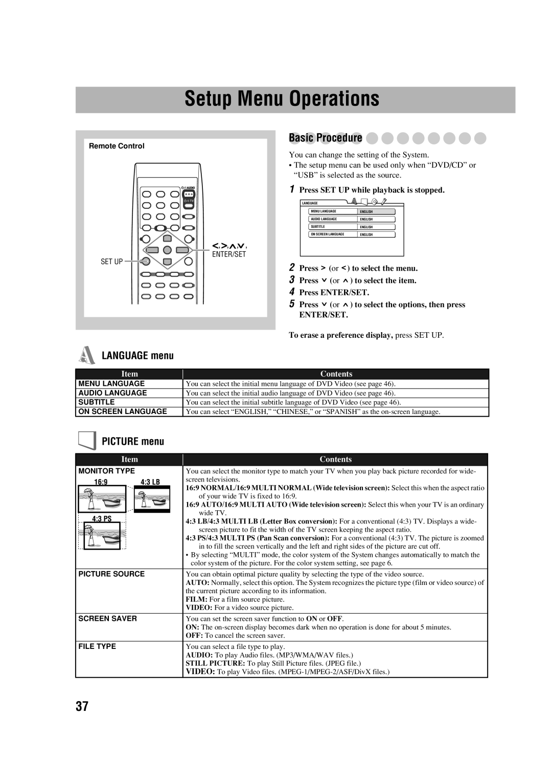 JVC CA-DXJ35 manual Setup Menu Operations, Basic Procedure 