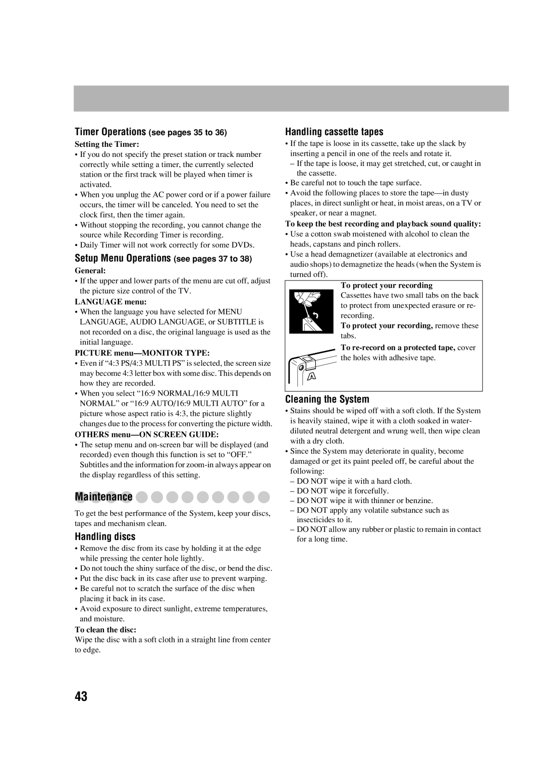 JVC CA-DXJ35 manual Maintenance 