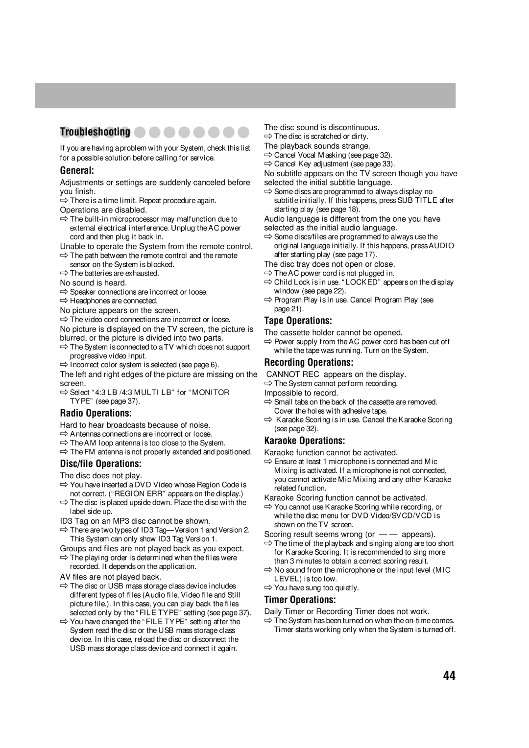 JVC CA-DXJ35 manual Troubleshooting 