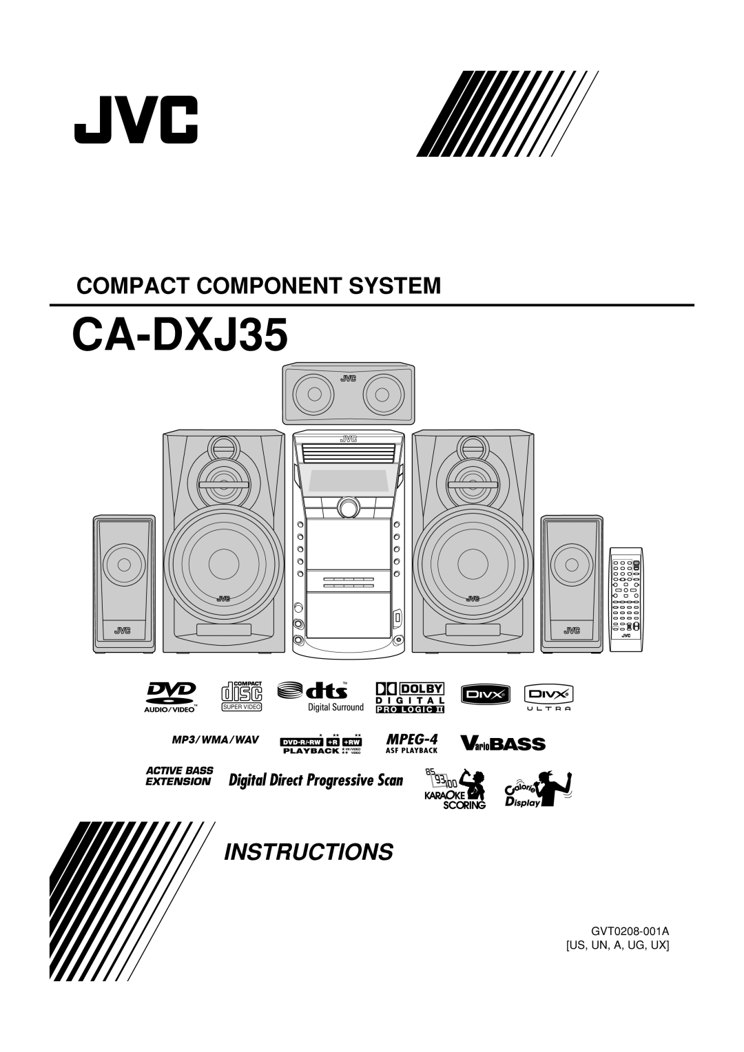 JVC CA-DXJ35 manual Compact Component System, Instructions, GVT0208-001AUS, UN, A, UG, UX, Super Video 