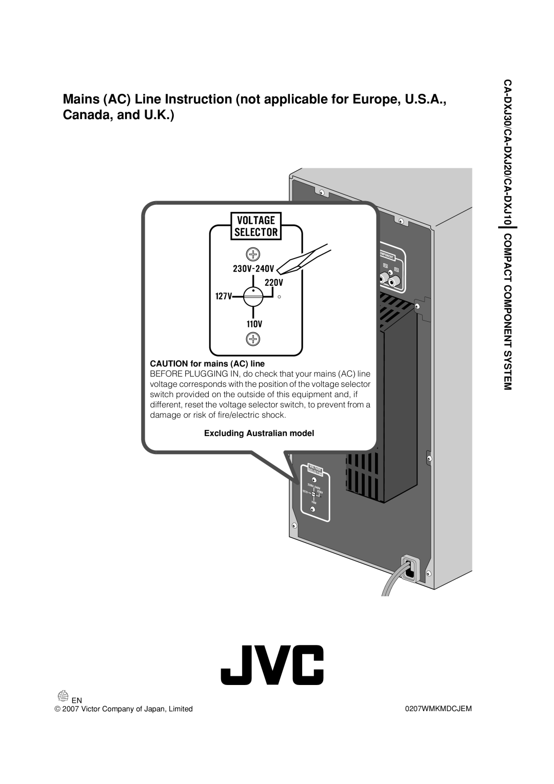 JVC CA-DXJ35 manual Excluding Australian model 