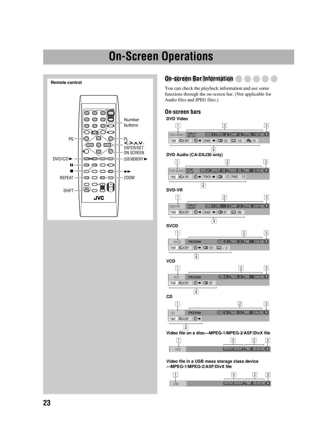 JVC CA-DXJ35 manual On-ScreenOperations, On-screenBar Information, On-screenbars, DVD Audio CA-DXJ30only 