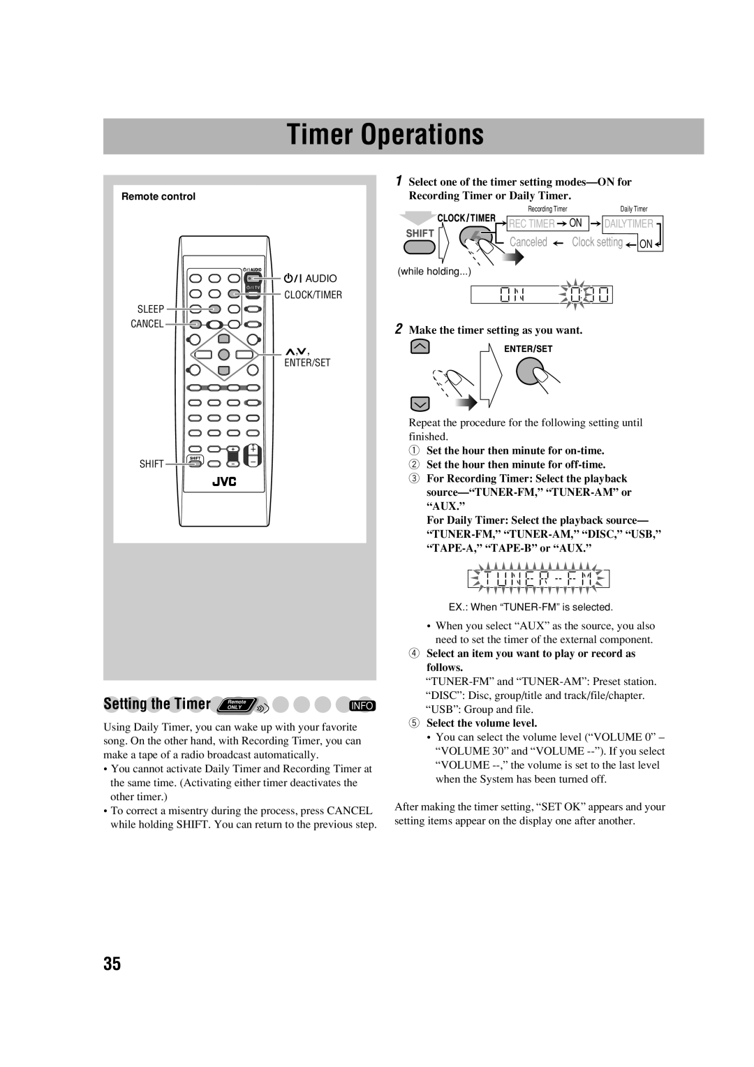 JVC CA-DXJ35 manual Timer Operations, Setting the TimerRemote INFO, Canceled, 2Make the timer setting as you want 