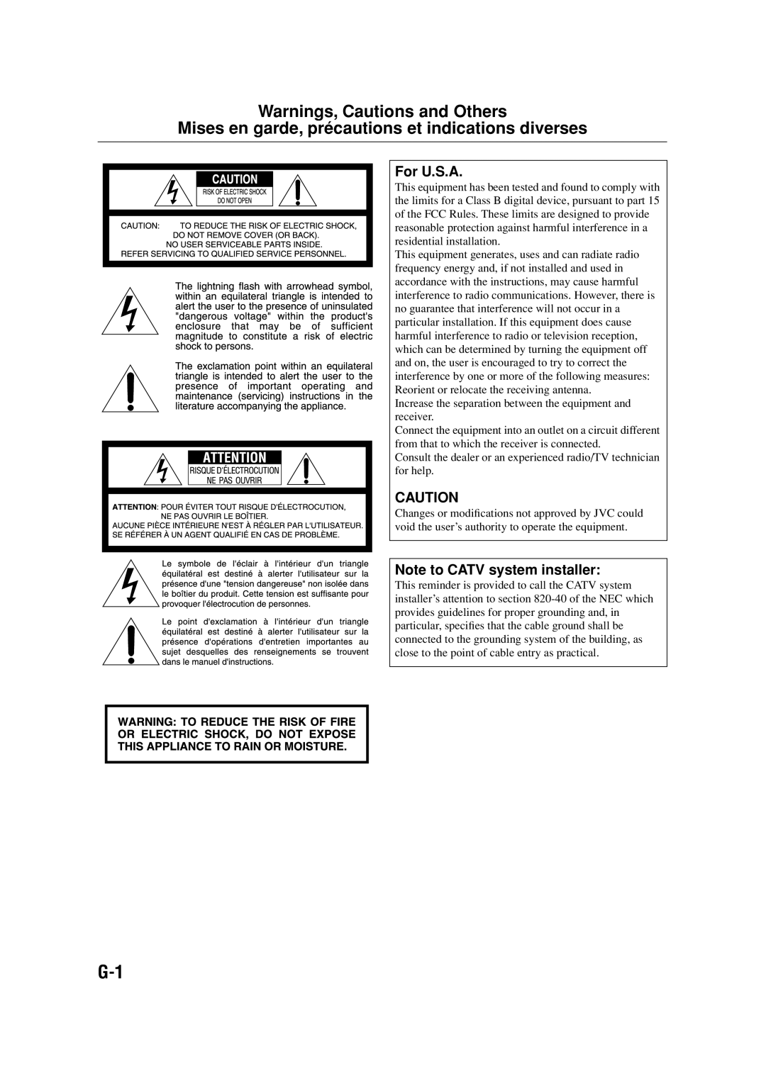 JVC CA-DXJ36 manual Mises en garde, précautions et indications diverses, For U.S.A 