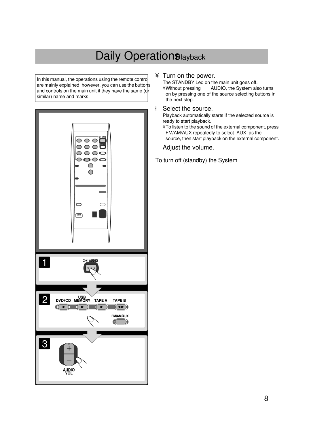 JVC CA-DXJ36 Daily Operations-Playback, To turn off standby the System, How to select a number, For private listening 