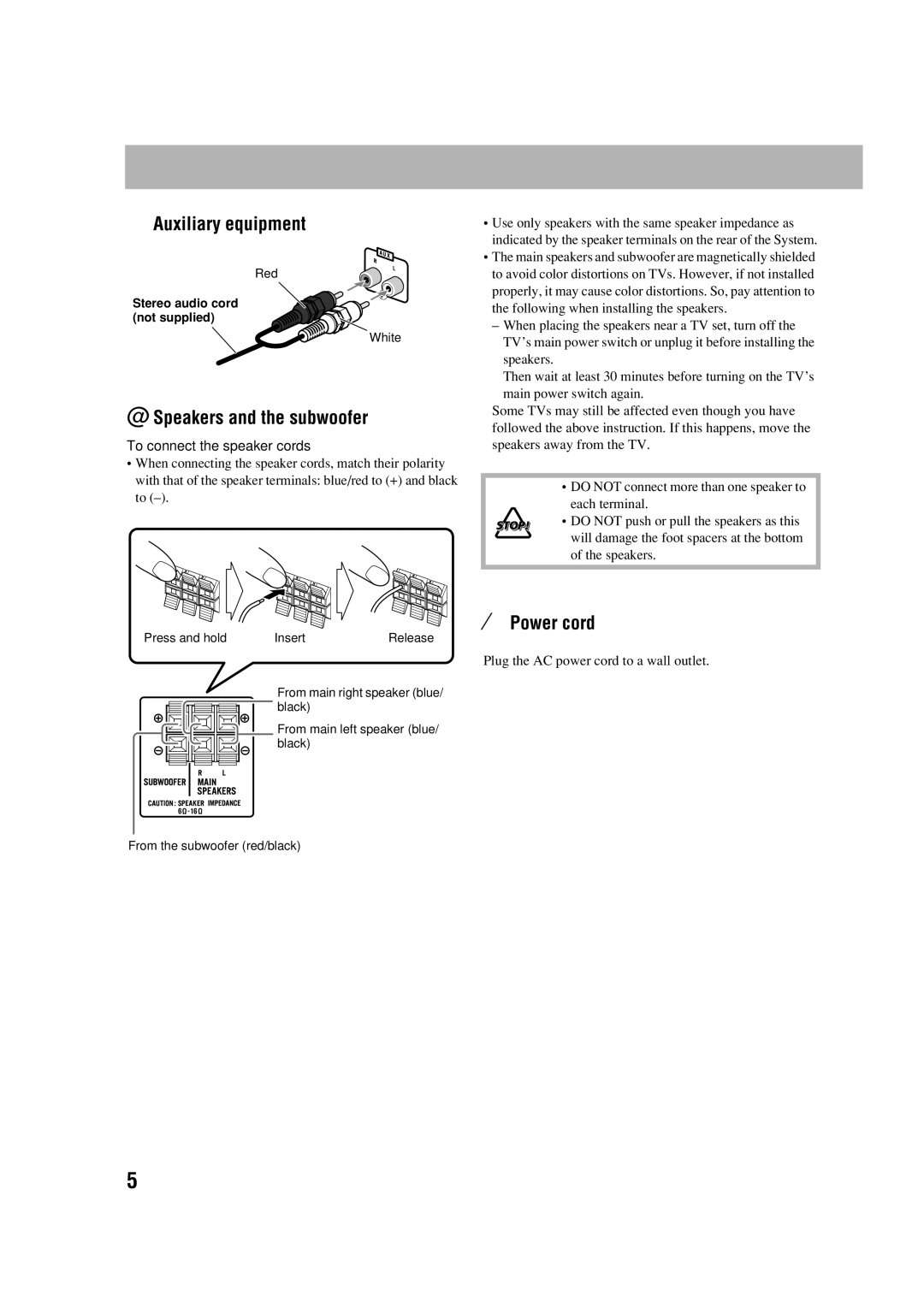 JVC CA-DXJ36 manual ⁄ Auxiliary equipment, @ Speakers and the subwoofer, ¤ Power cord 