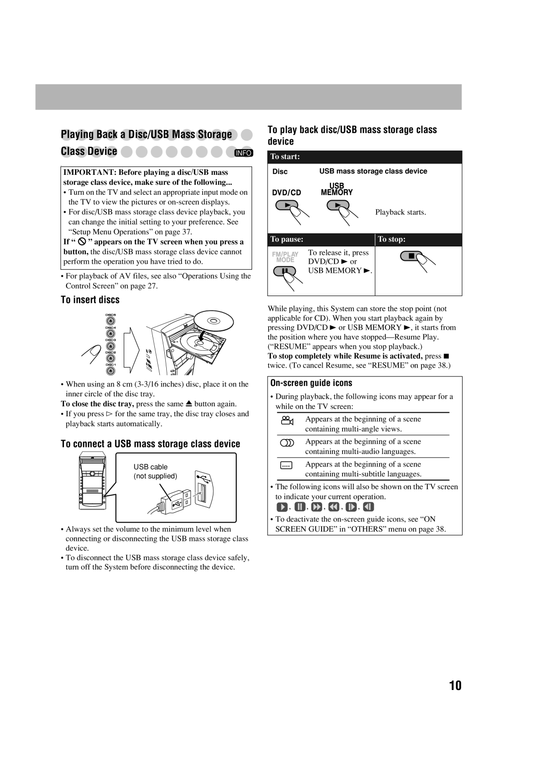 JVC CA-DXJ36 manual To connect a USB mass storage class device 