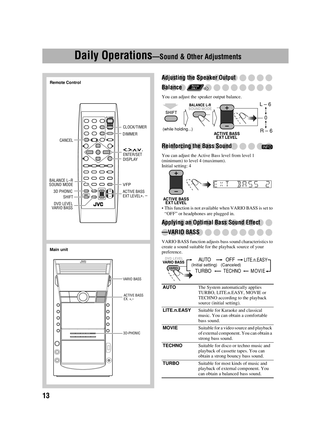 JVC CA-DXJ36 manual Daily Operations-Sound & Other Adjustments 