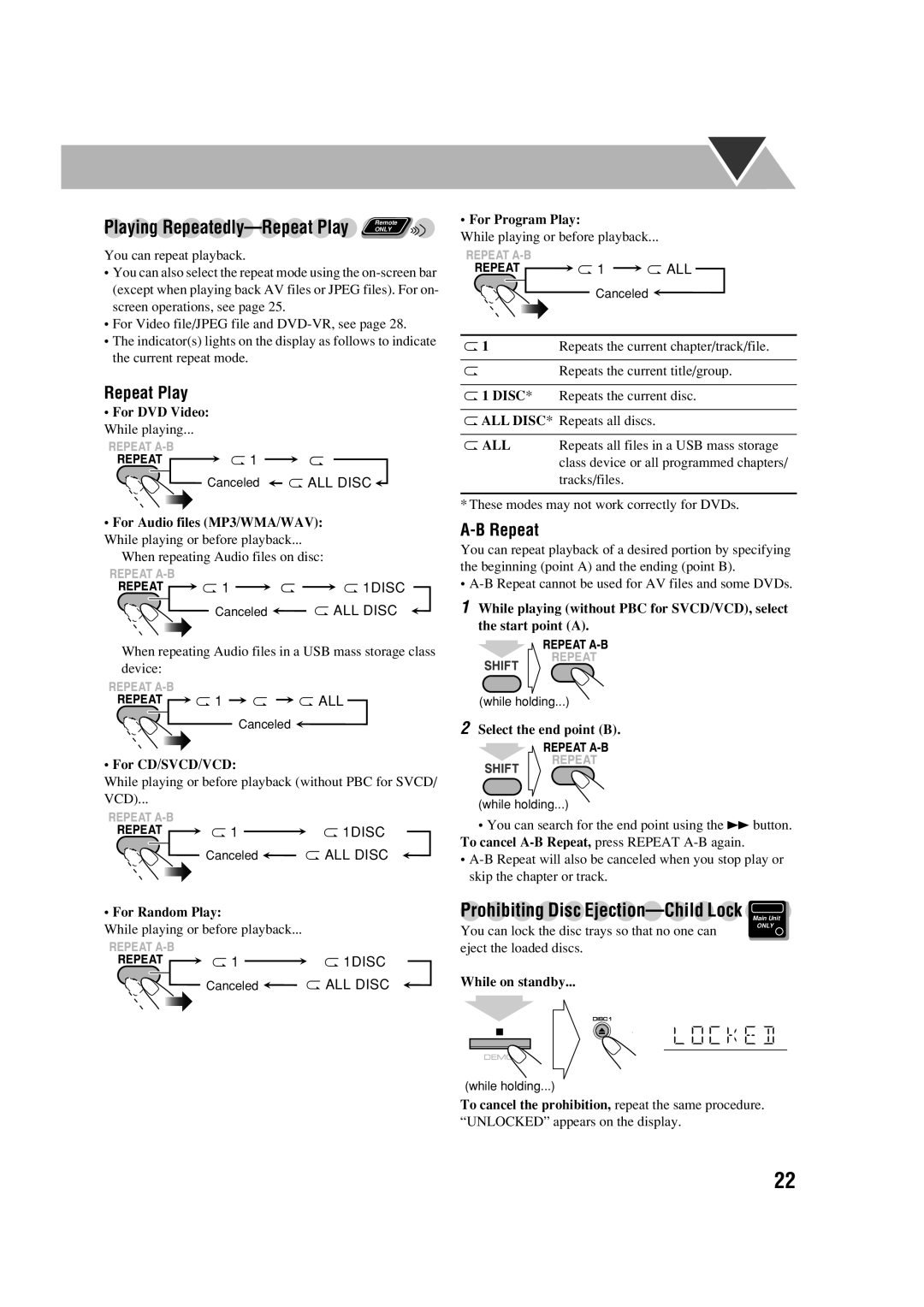 JVC CA-DXJ36 manual Repeat Play, For Random Play For Program Play 