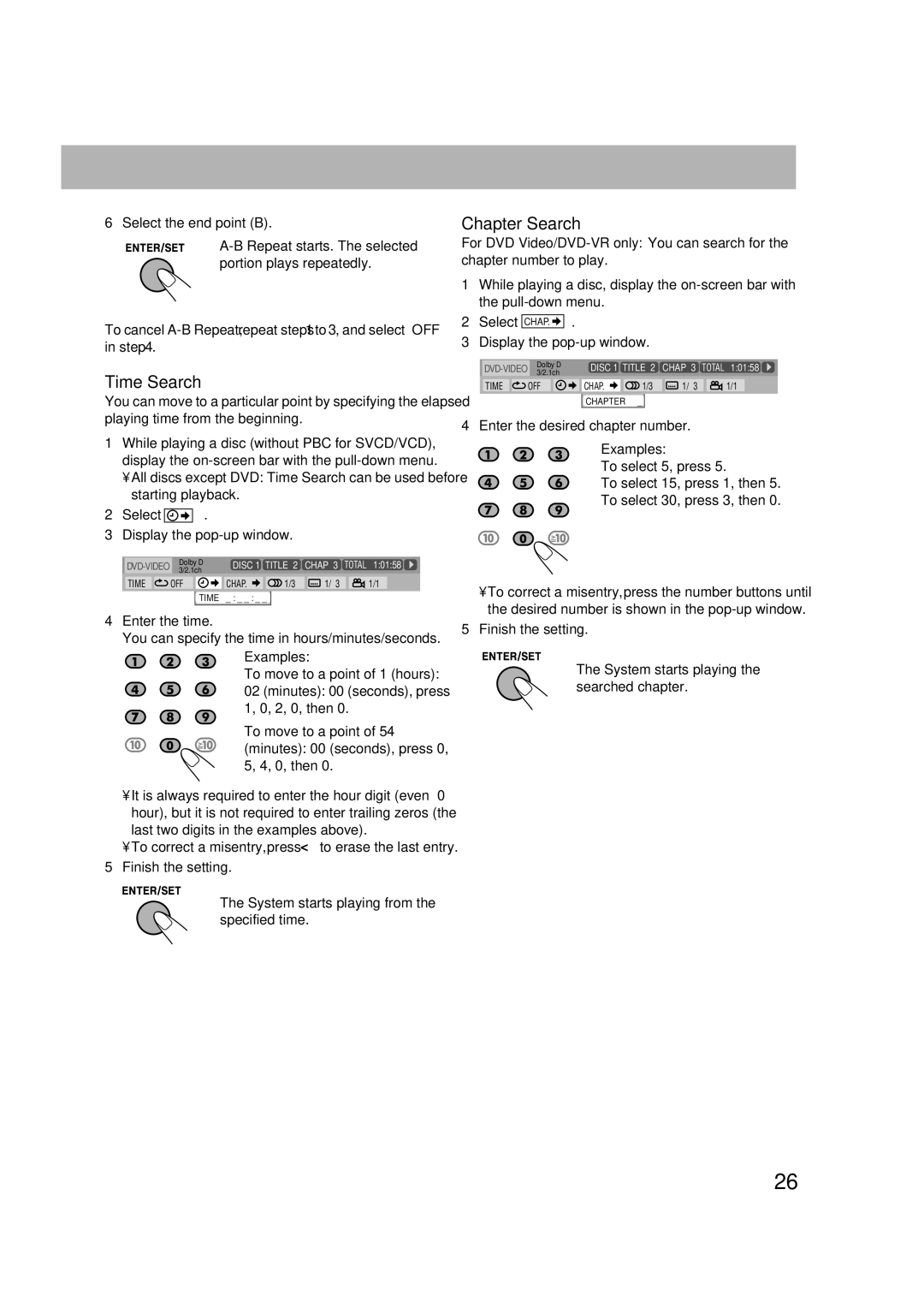 JVC CA-DXJ36 manual Chapter Search, For DVD Video/DVD-VR only You can search for, Enter the desired chapter number Examples 