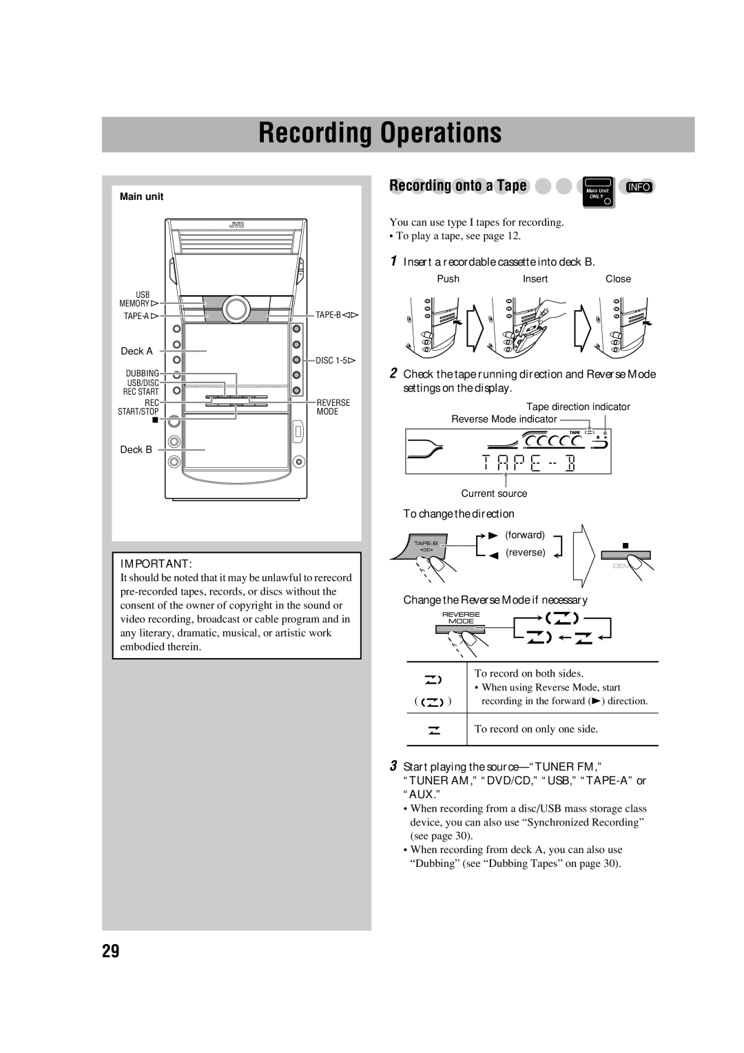 JVC CA-DXJ36 manual Recording Operations, Recording onto a Tape 