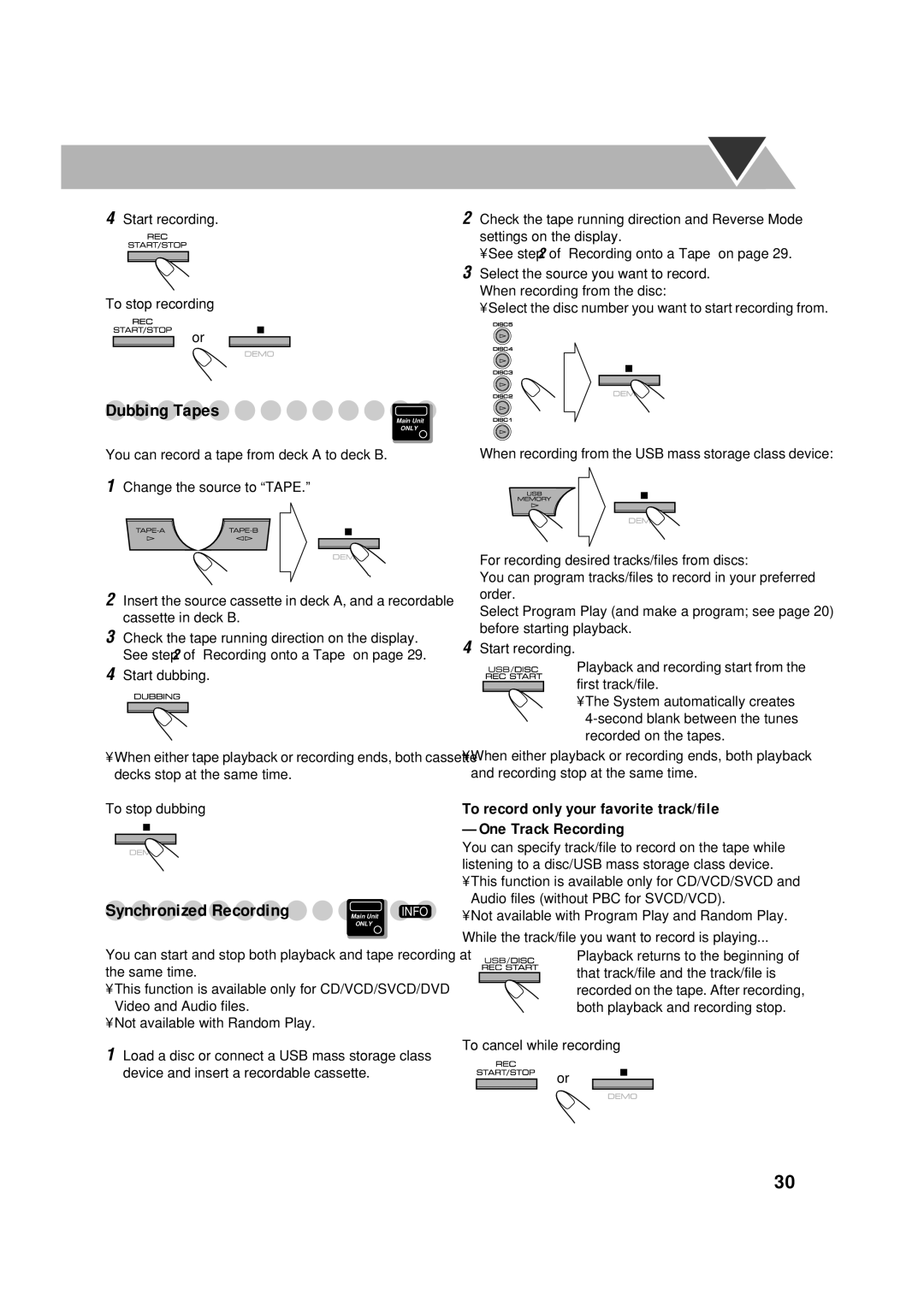 JVC CA-DXJ36 manual Synchronized Recording, Start recording To stop recording 