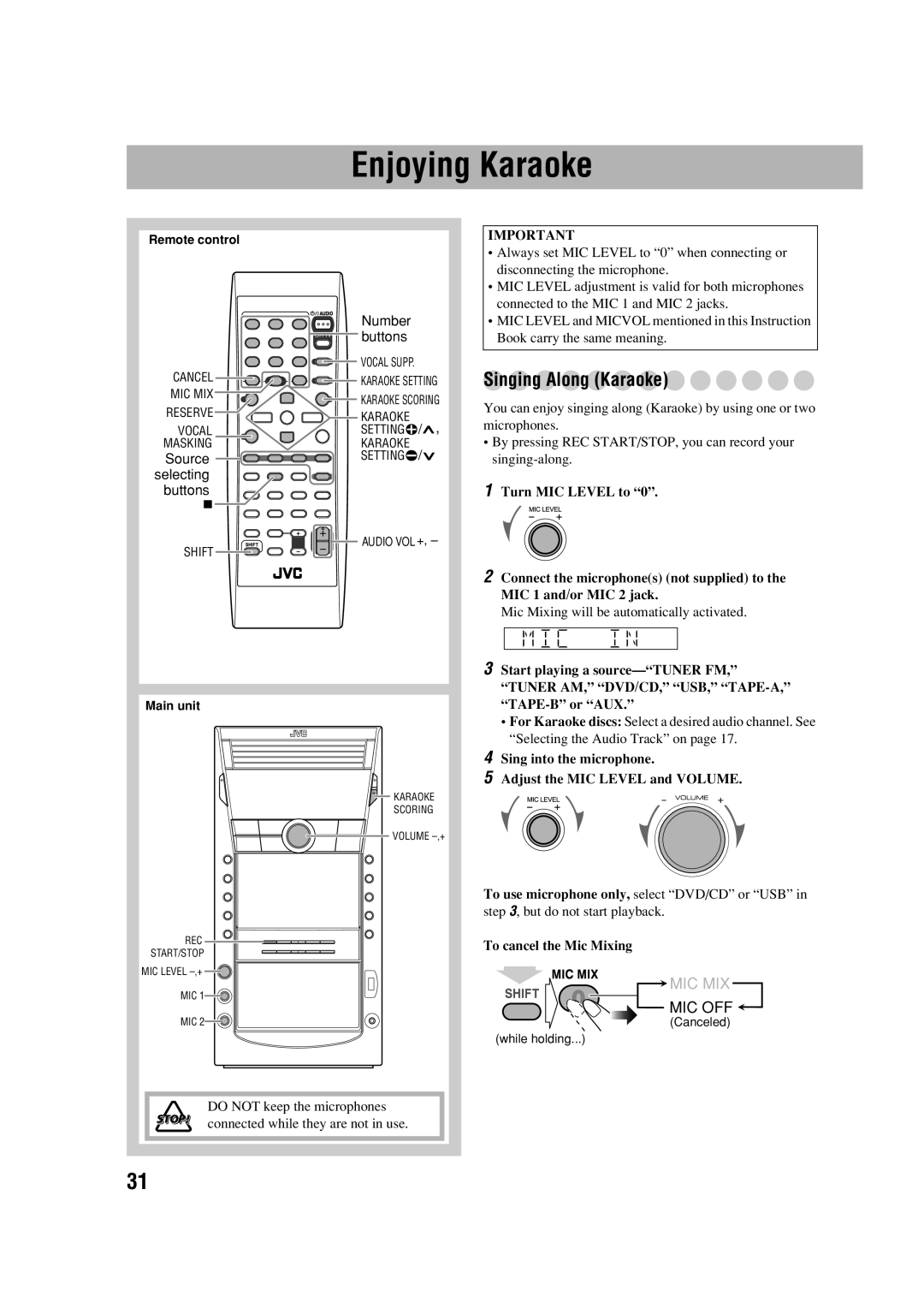 JVC CA-DXJ36 manual Enjoying Karaoke 