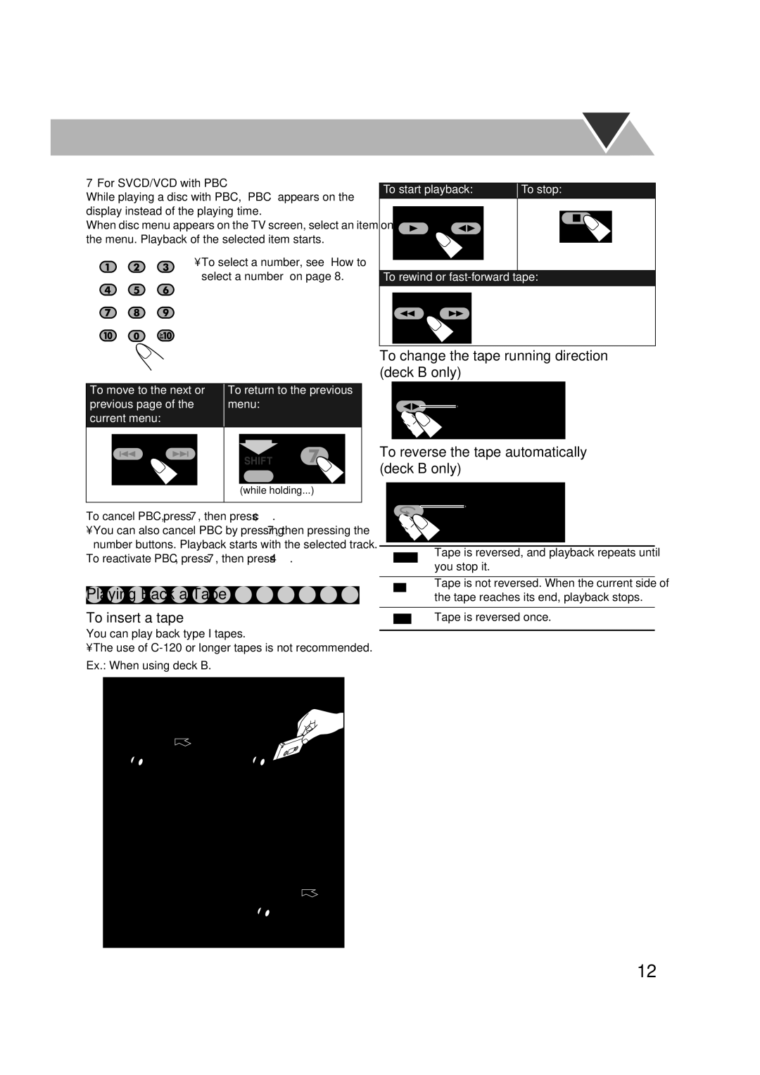 JVC CA-DXJ36 manual Playing Back a Tape, To change the tape running direction deck B only, To insert a tape 