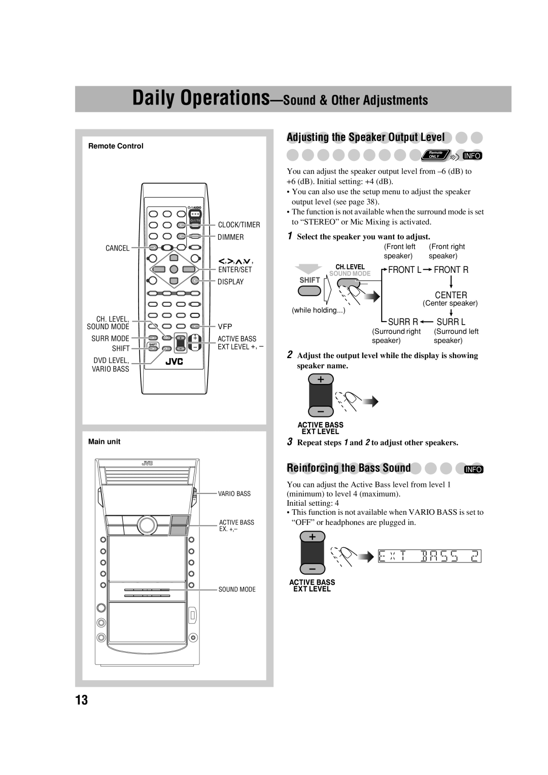 JVC CA-DXJ36 manual Adjusting the Speaker Output Level, Select the speaker you want to adjust 