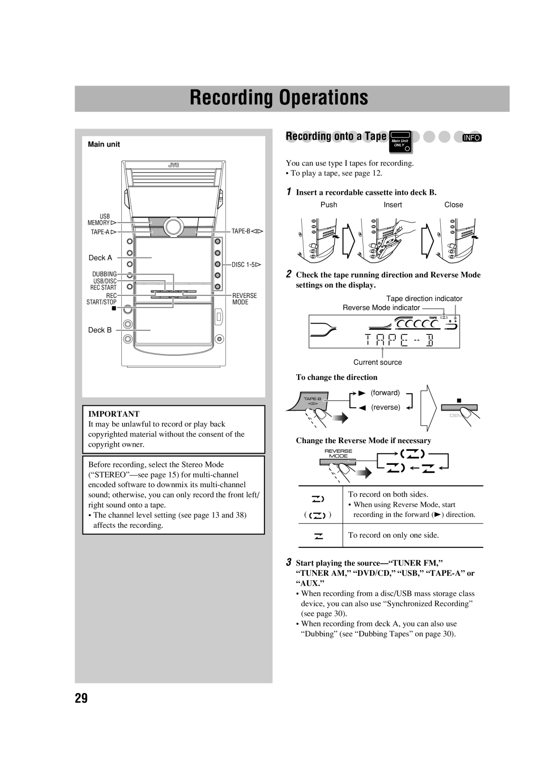 JVC CA-DXJ36 manual Recording Operations, Recording onto a Tape Main Unit, Insert a recordable cassette into deck B 