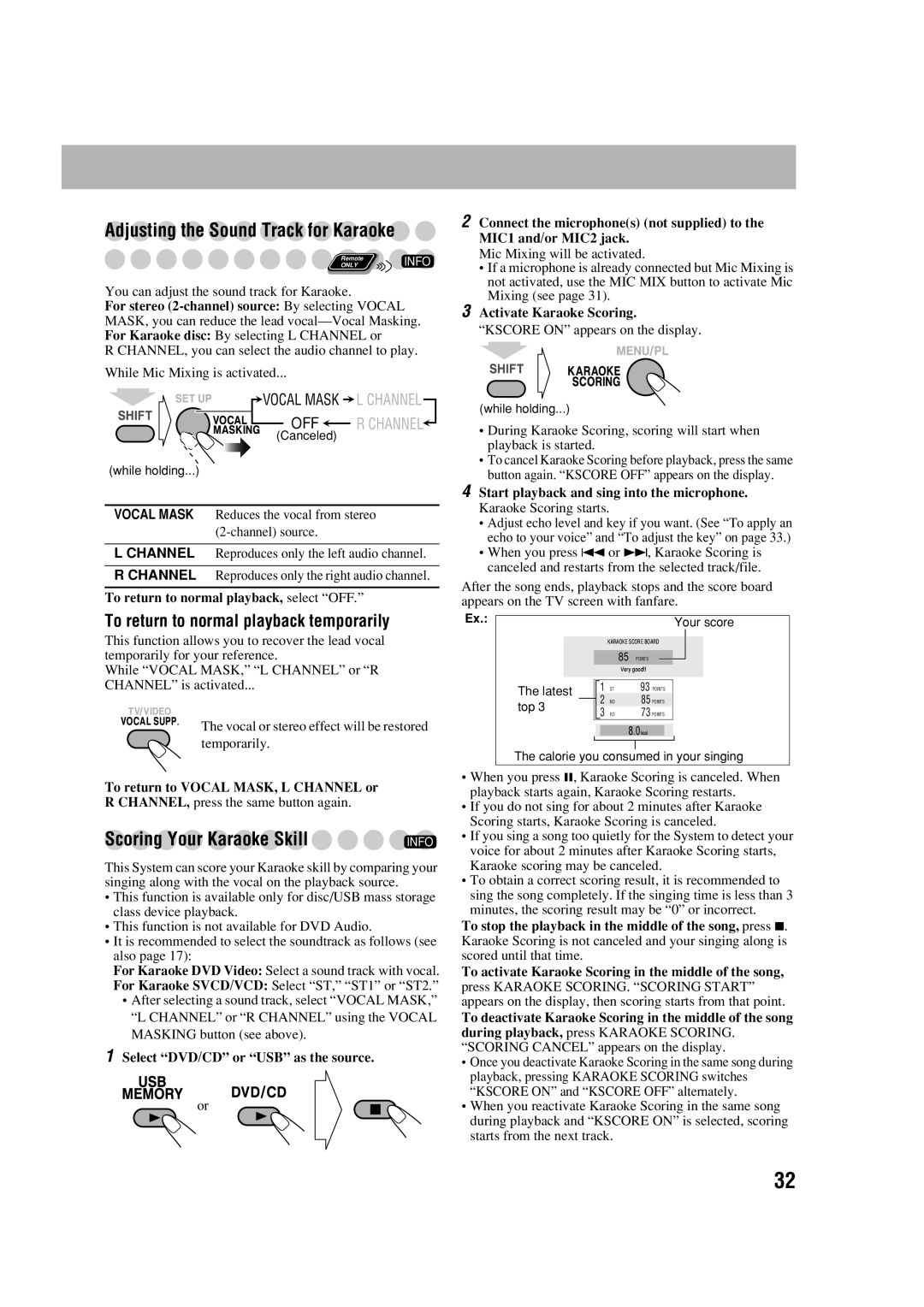 JVC CA-DXJ36 manual Adjusting the Sound Track for Karaoke, To return to normal playback temporarily 