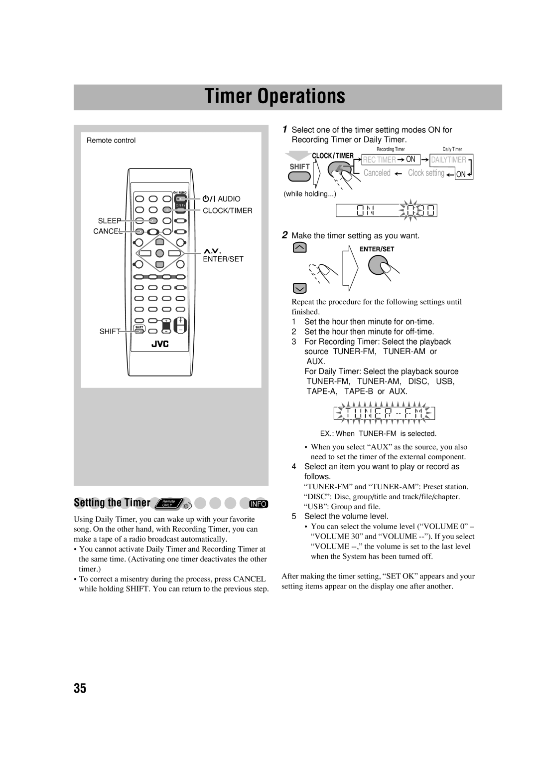 JVC CA-DXJ36 manual Timer Operations, Setting the Timer Remote Info, Make the timer setting as you want 