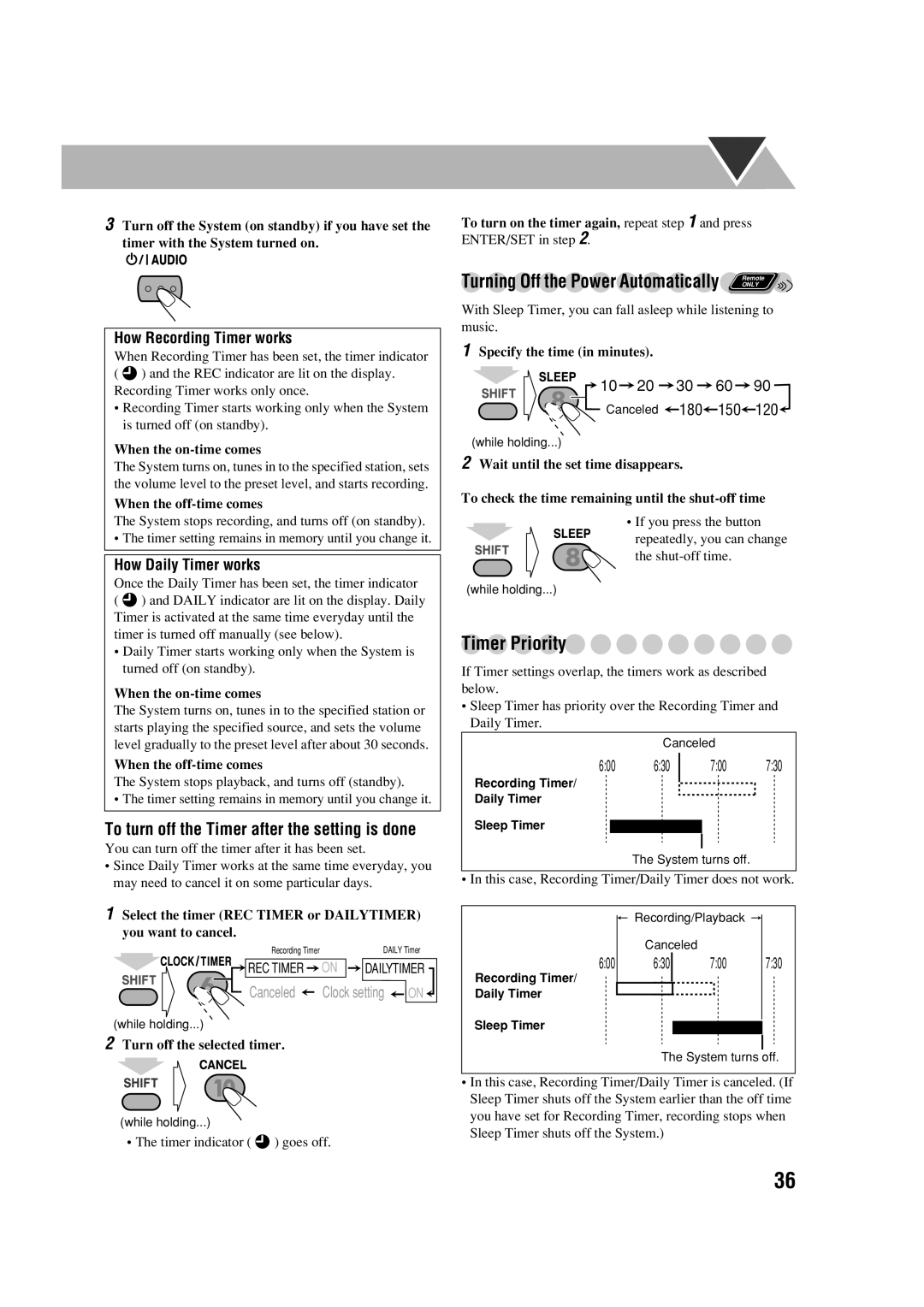 JVC CA-DXJ36 manual Turning Off the Power Automatically Remote, Timer Priority 