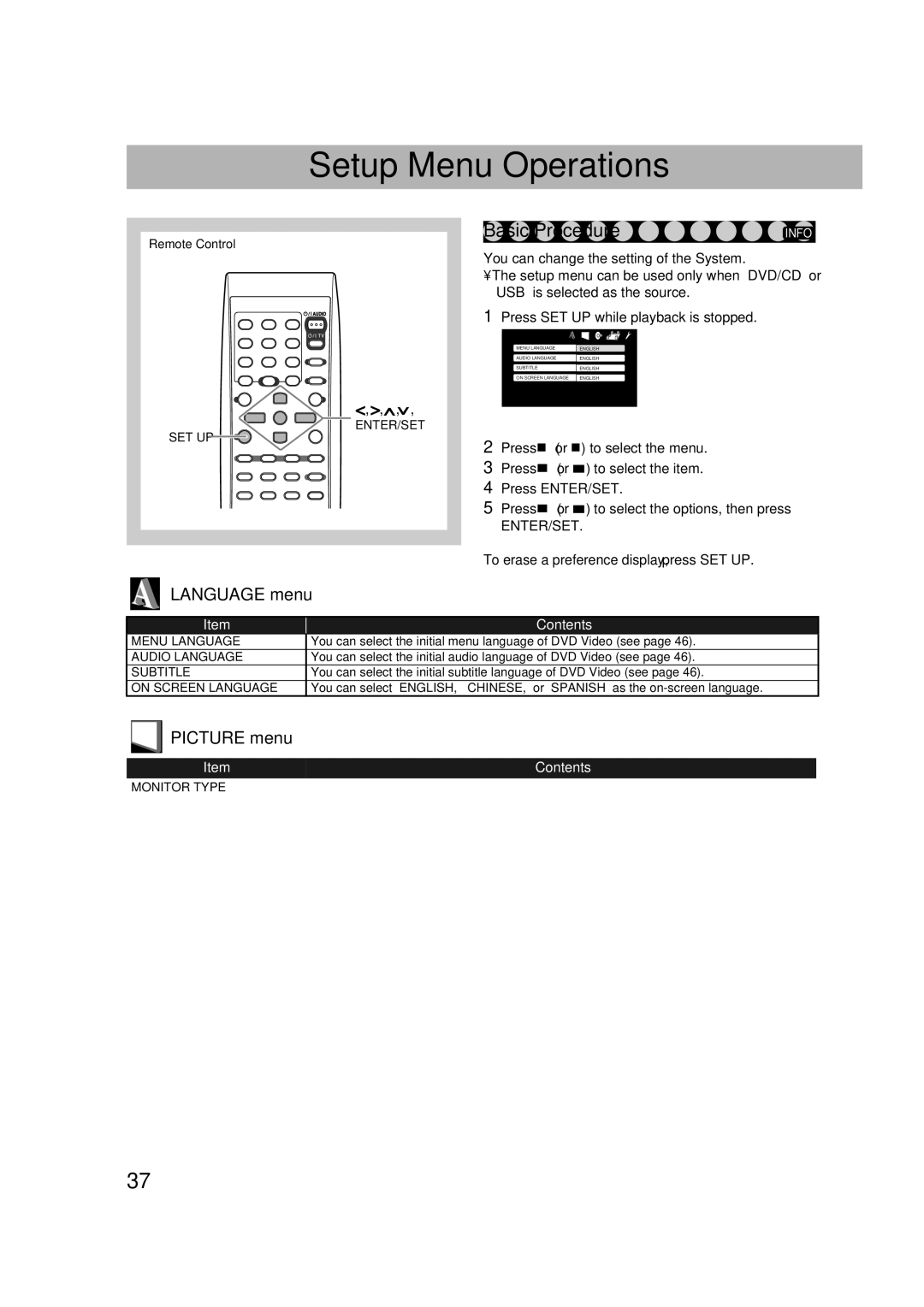 JVC CA-DXJ36 manual Setup Menu Operations, Language menu, Picture menu 