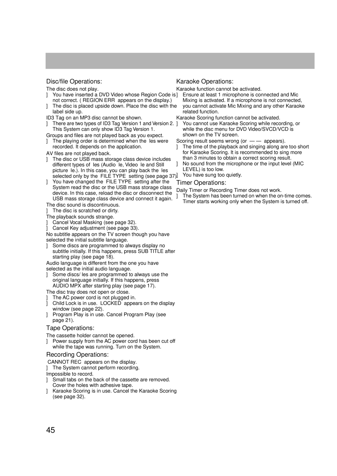 JVC CA-DXJ36 manual Disc/file Operations, Tape Operations, Recording Operations, Karaoke Operations, Timer Operations 