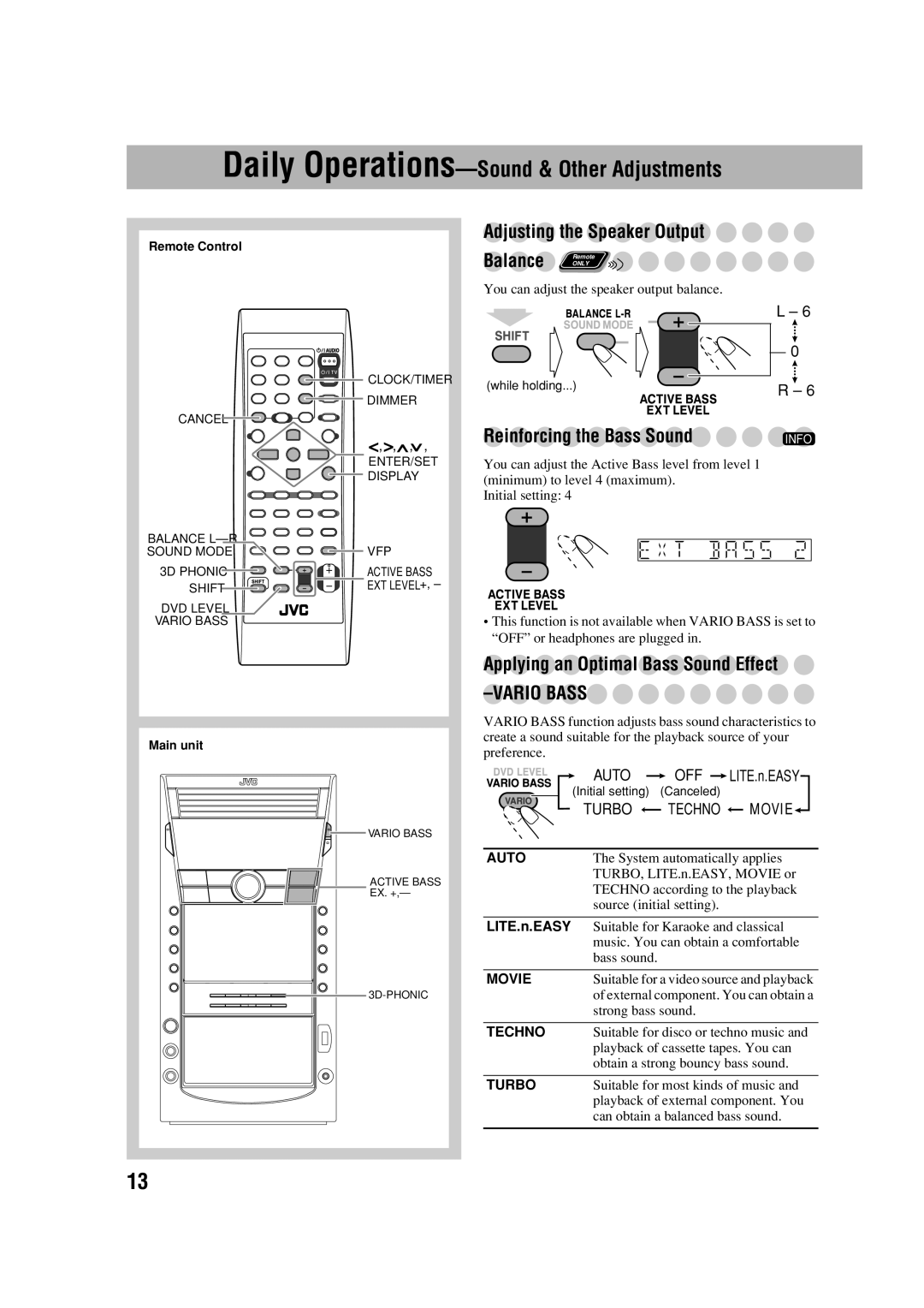 JVC CA-DXJ36 manual Adjusting the Speaker Output Balance Remote, Reinforcing the Bass Sound 