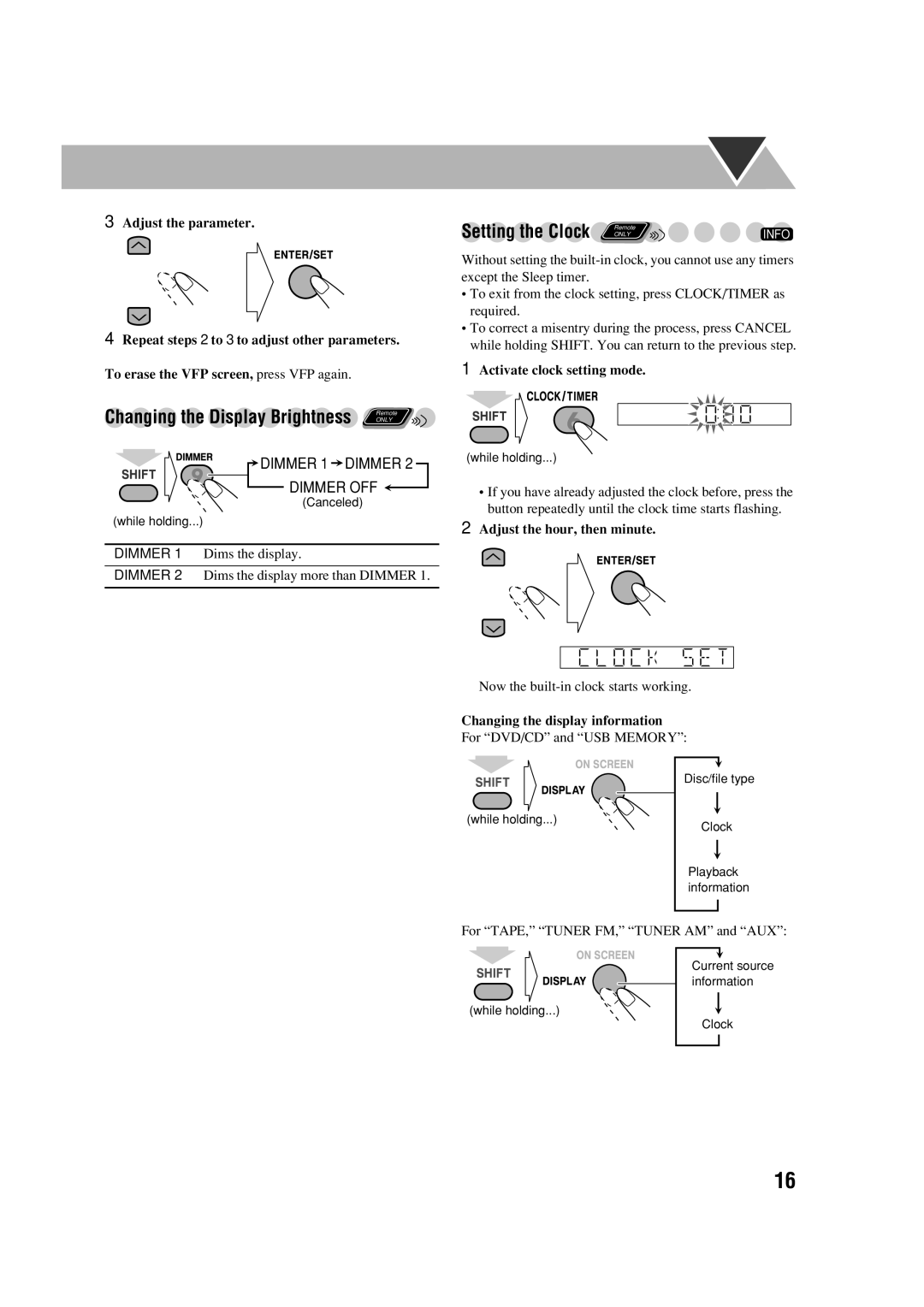 JVC CA-DXJ36 manual Setting the Clock, Changing the display information 