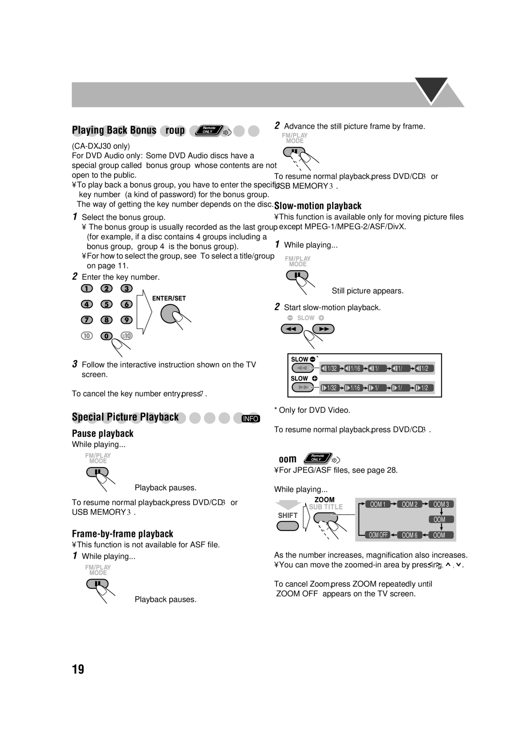 JVC CA-DXJ36 manual Playing Back Bonus Group Remote, Pause playback 