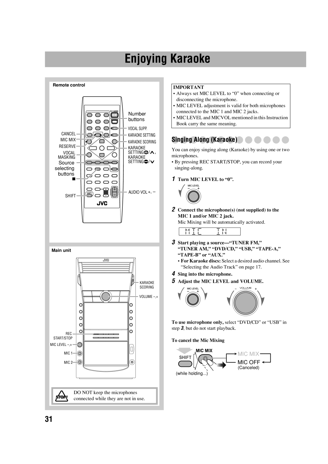 JVC CA-DXJ36 manual Karaoke Scoring Volume -,+ REC START/STOP MIC Level -,+ 