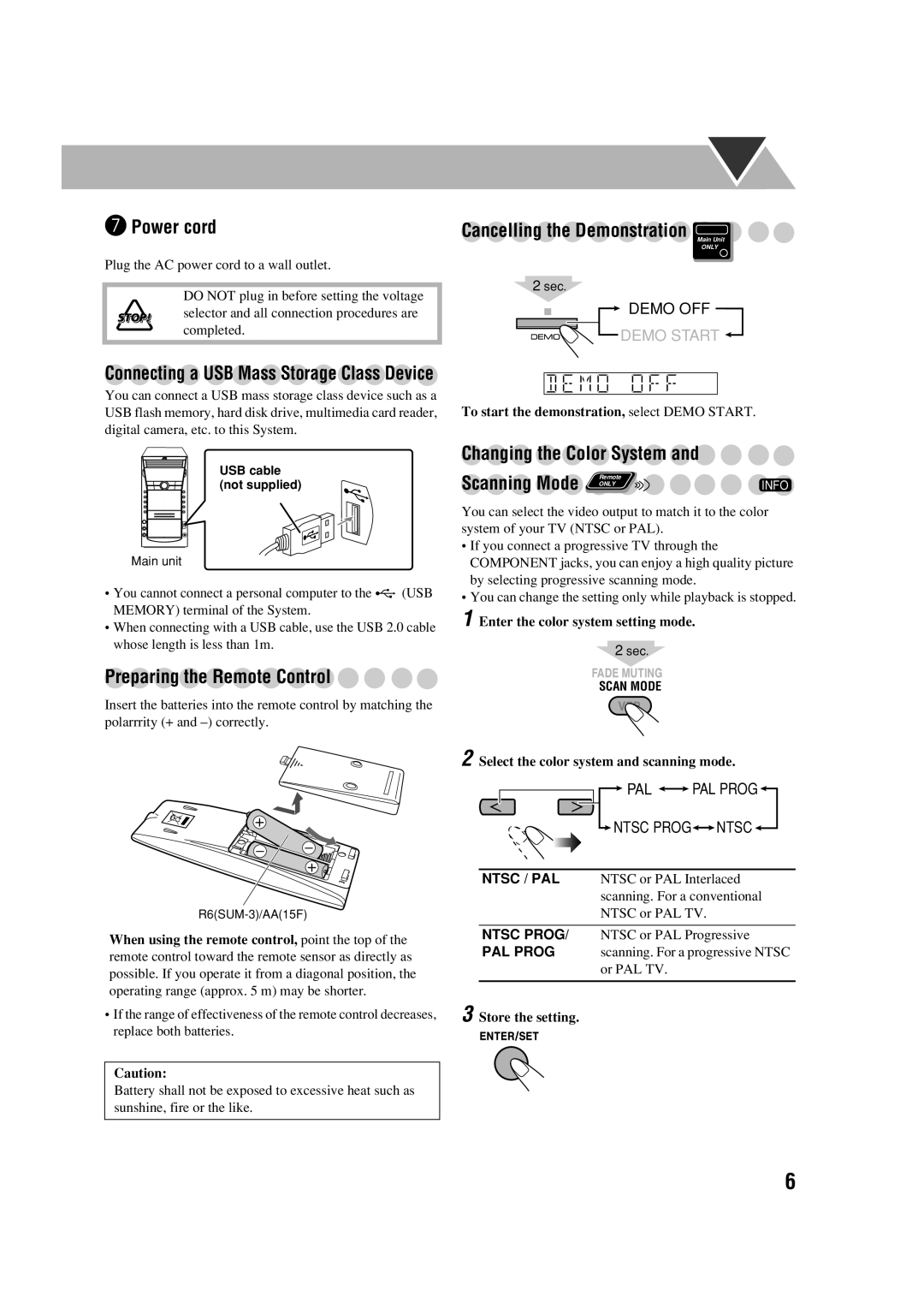 JVC CA-DXJ36 manual # Power cord, Cancelling the Demonstration, Preparing the Remote Control, Changing the Color System 