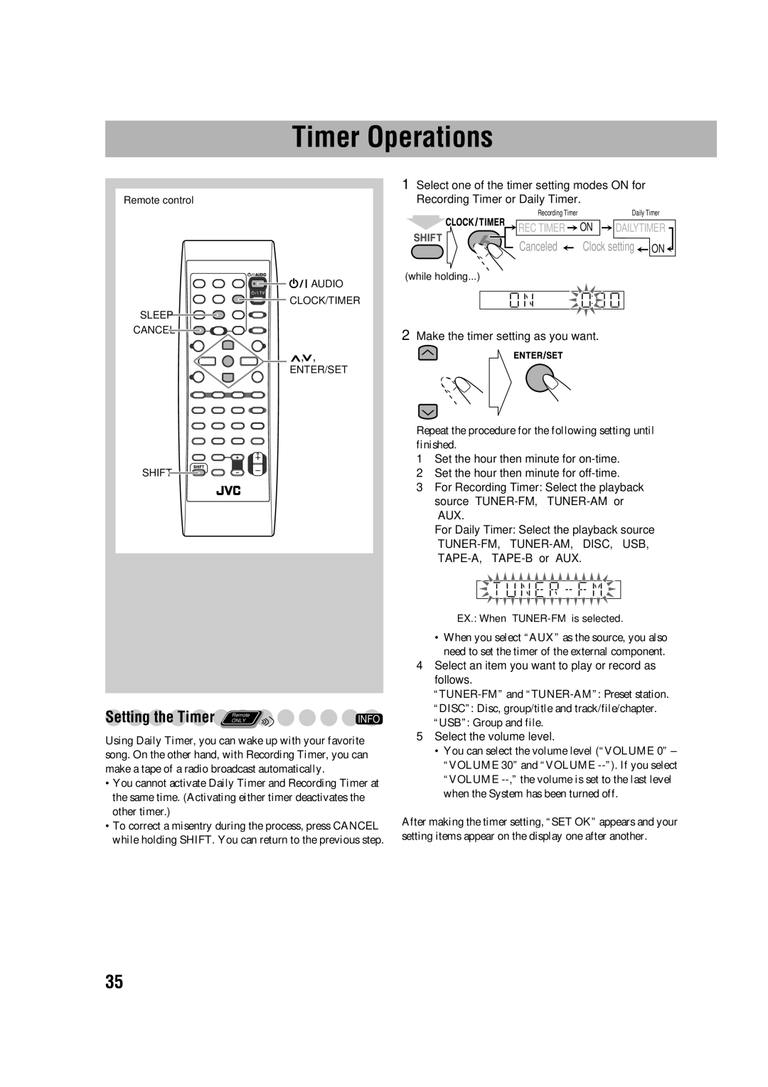 JVC CA-DXJ36 manual Timer Operations 