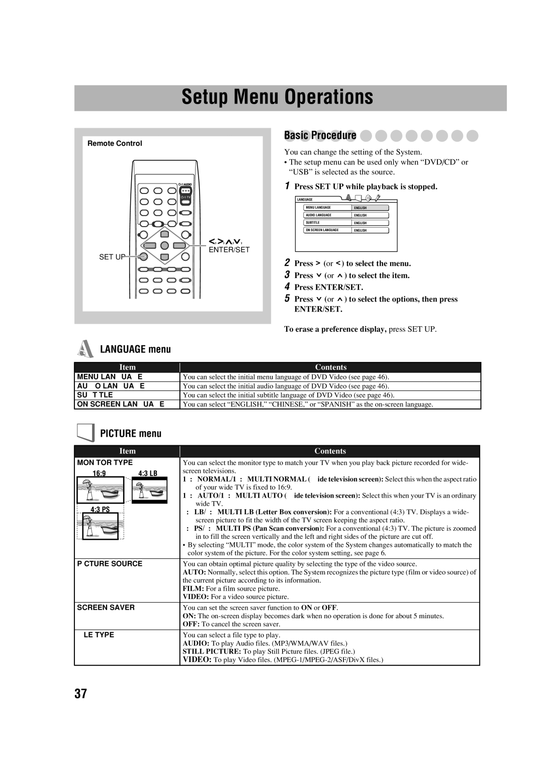 JVC CA-DXJ36 manual Setup Menu Operations, Basic Procedure 