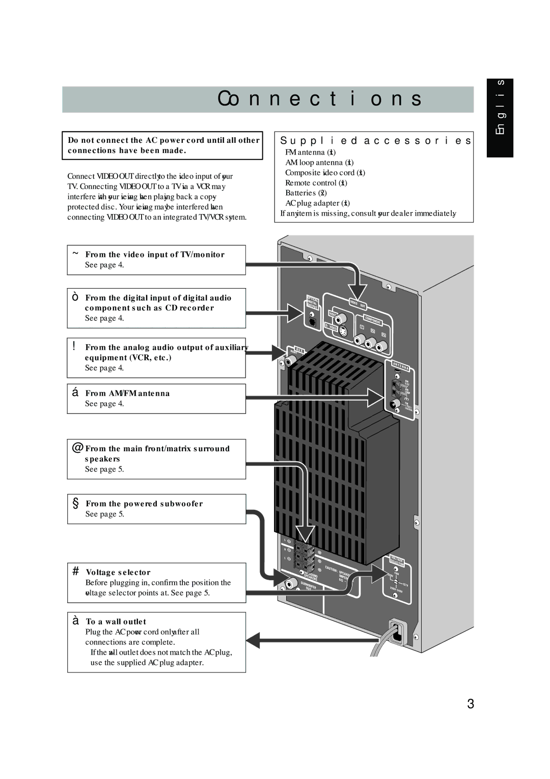 JVC CA-DXT7, CA-DXT9 manual ¤ From the powered subwoofer See # Voltage selector, ‹ To a wall outlet 