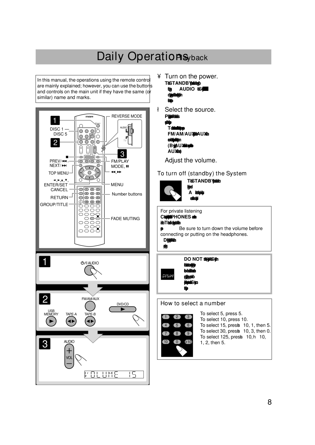 JVC CA-DXU8, CA-DXU10 manual Daily Operations-Playback, To turn off standby the System, How to select a number 