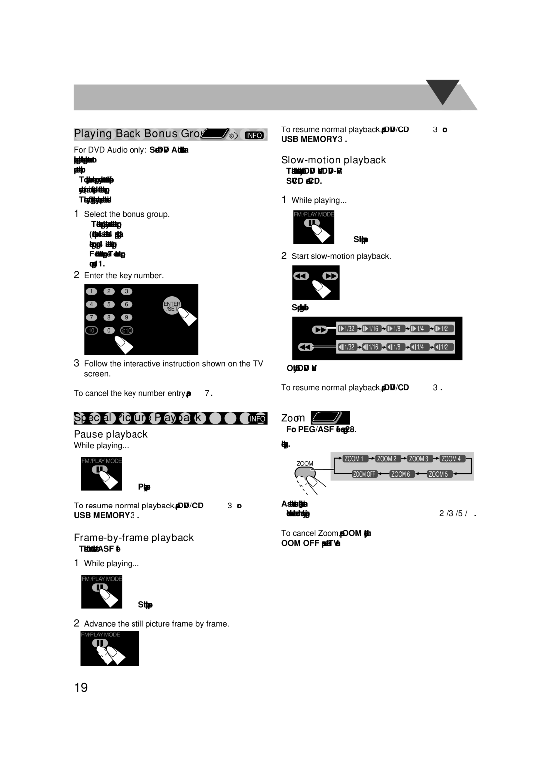 JVC CA-DXU10, CA-DXU8 manual Pause playback, Frame-by-frame playback, Slow-motion playback 