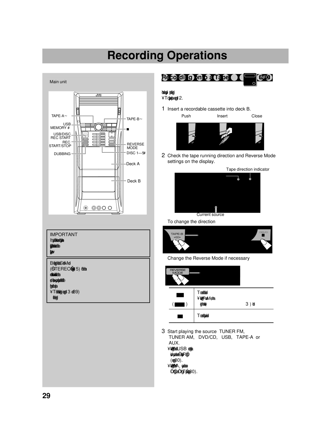 JVC CA-DXU10, CA-DXU8 manual Recording Operations, Recording onto a Tape, Insert a recordable cassette into deck B 