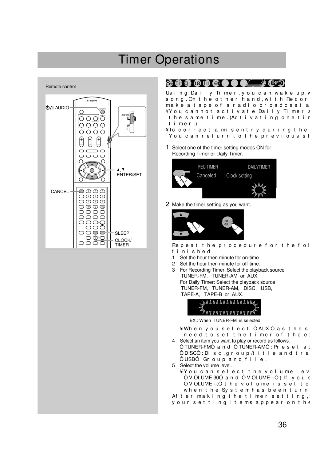 JVC CA-DXU8, CA-DXU10 manual Timer Operations, Setting the Timer, Make the timer setting as you want 